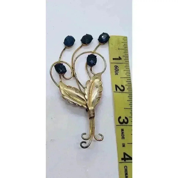 Vtg Brooch 12k Gold plate 925 Sterling Silver Blue Rhinestone Flower - Picture 7 of 9